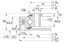 交叉滾子軸承 XSU140414, 標準系列 14， 無齒輪齒，兩側唇密封
