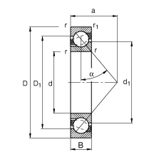 角接觸球軸承 7321-B-MP, 根據 DIN 628-1 標準的主要尺寸，接觸角 α = 40°