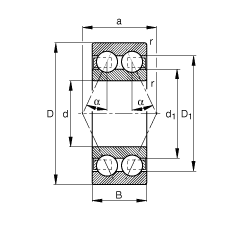角接觸球軸承 3810-B-TVH, 雙列，接觸角 α = 25°